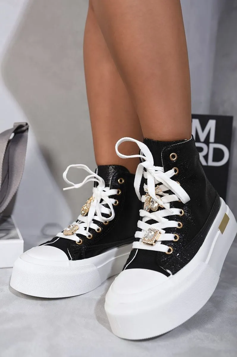 Glitter Lace Up High Top Platform Trainers with Decorative Details