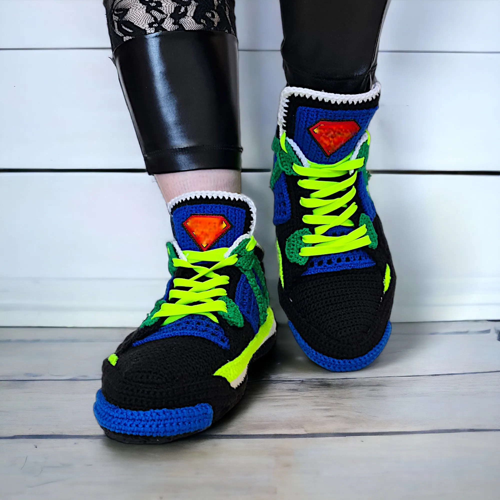 Superman Jordan 4 Crochet Sneaker Slippers | Colorway Shoes | Sneakerhead Gift | Custom Knitted Sneakers | Custom Rare Cosplay Kicks