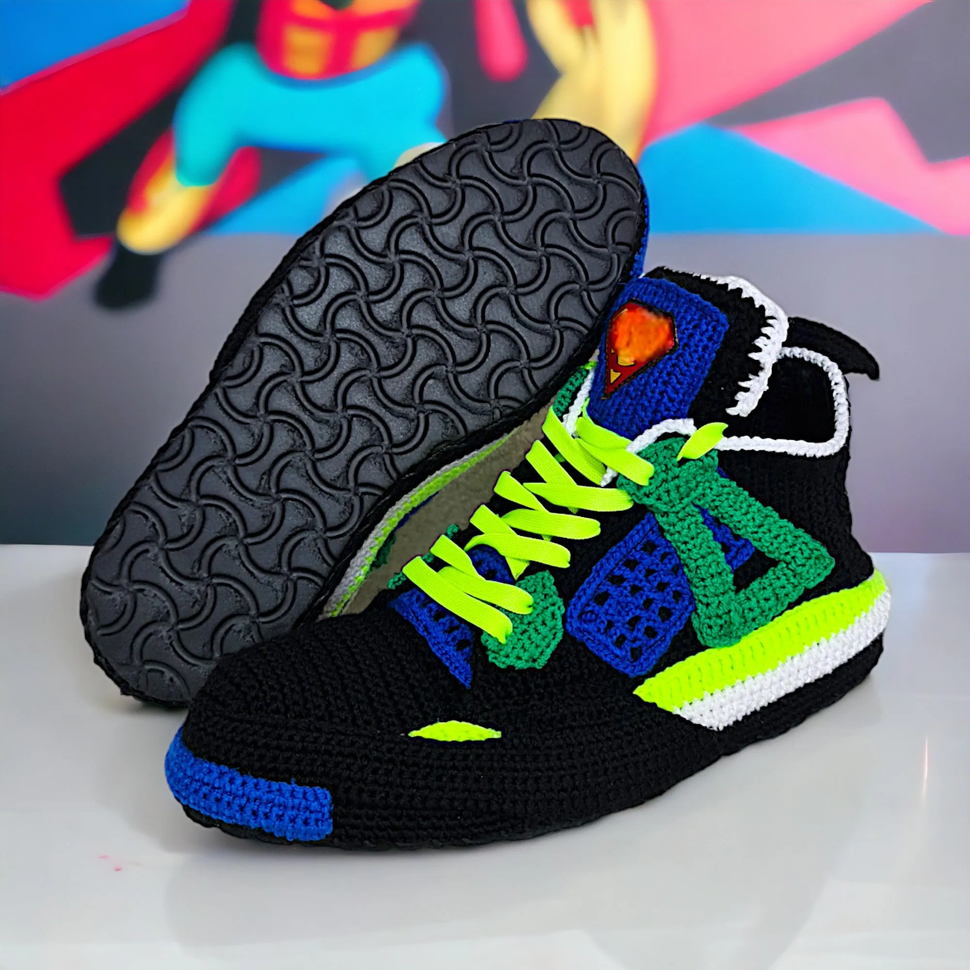 Superman Jordan 4 Crochet Sneaker Slippers | Colorway Shoes | Sneakerhead Gift | Custom Knitted Sneakers | Custom Rare Cosplay Kicks