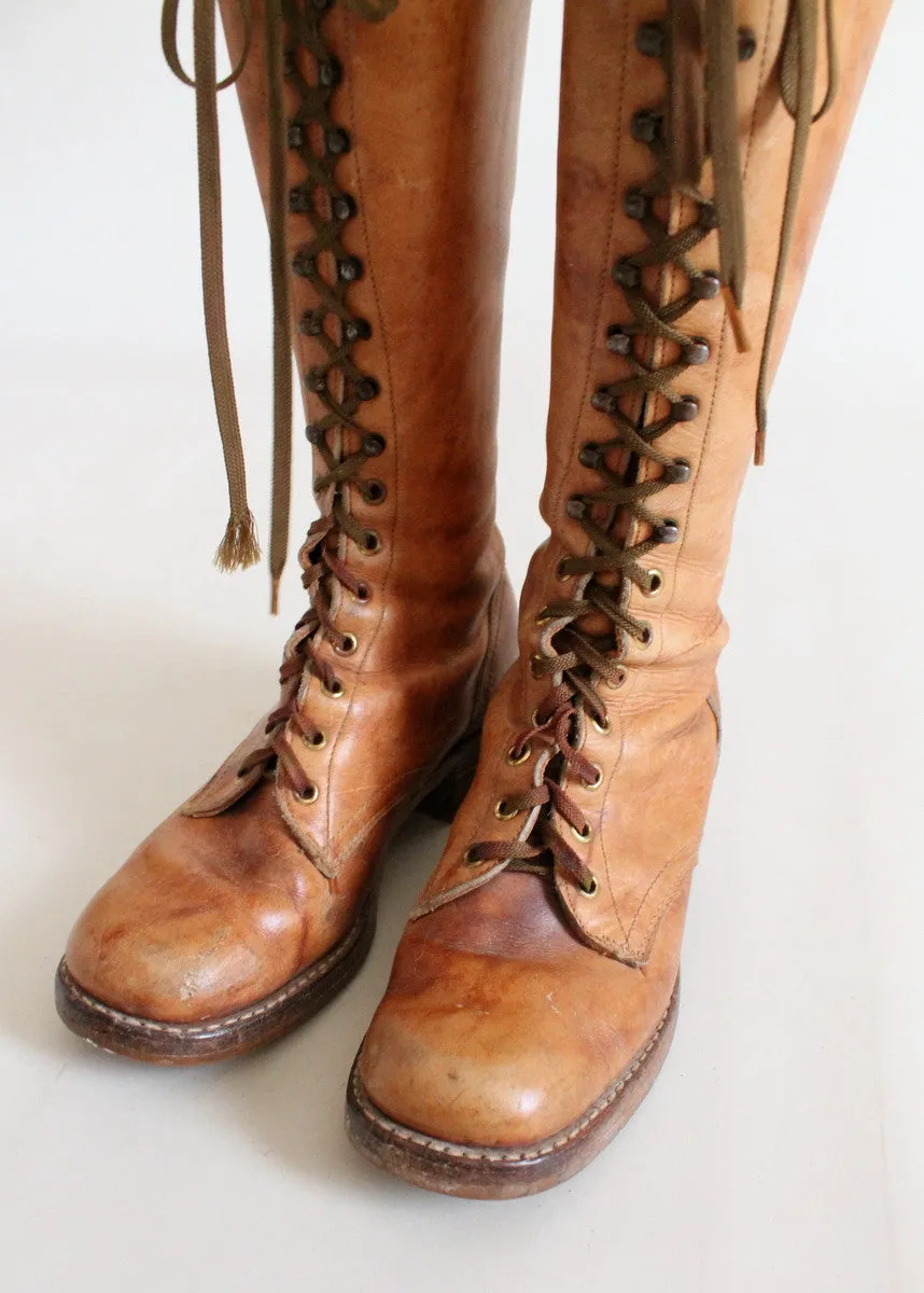 Vintage 1960s Tan Leather Lace Up Work Boots